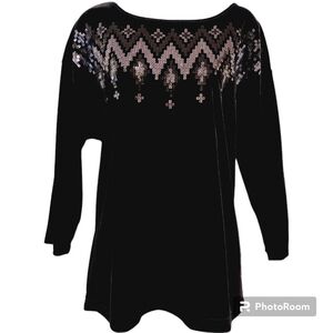 Bob Mackie Wearable Art Blouse Top Women L Black Velvet  Sequin Round Neck